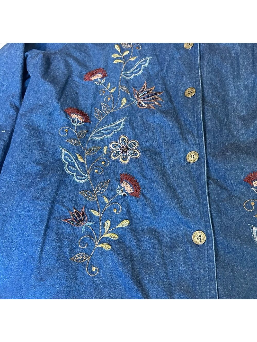 Alfred Dunner Chambray Denim Jacket 16W Blue Floral Embroidered Hippie Cottage - Picture 8 of 15